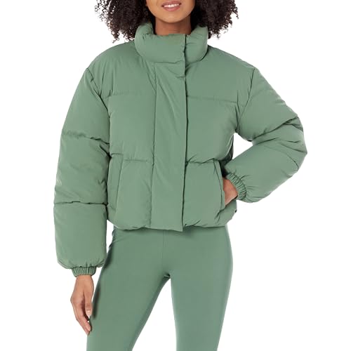 Amazon Essentials Damen Kurze Steppjacke Mit Durchgehendem Reißverschluss (Aus Mattem Oder Sherpa Fleece, Gesteppt), Salbeigrün, L von Amazon Essentials