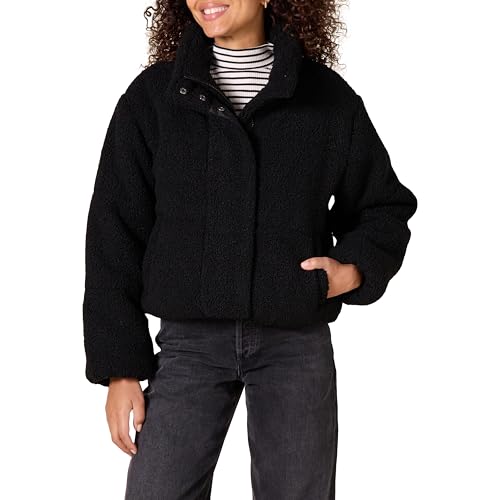Amazon Essentials Damen Kurze Steppjacke Mit Durchgehendem Reißverschluss (Aus Mattem Oder Sherpa Fleece, Gesteppt), Schwarz Teddybär Sherpa, XL von Amazon Essentials