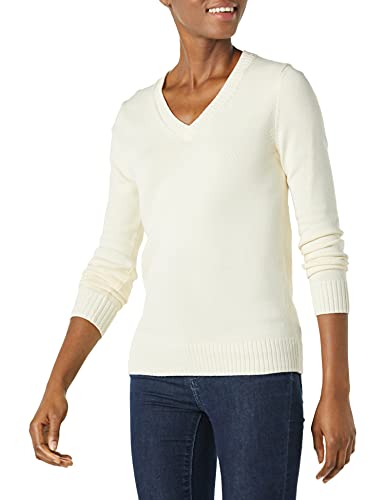 Amazon Essentials Damen Langärmeliger Pullover mit V-Ausschnitt, 100% Baumwolle, Ecru, L von Amazon Essentials