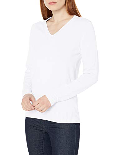 Amazon Essentials Damen Langärmeliger Pullover mit V-Ausschnitt, 100% Baumwolle, Weiß, L von Amazon Essentials