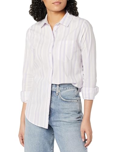 Amazon Essentials Damen Langärmeliges Hemd aus Popeline, Klassischer Schnitt, Lila Weiß Bunte Streifen, XL von Amazon Essentials