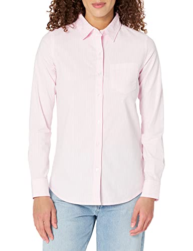 Amazon Essentials Damen Langärmeliges Oxford-Hemd aus Stretch mit Knopfleiste (in Übergröße erhältlich), Hellrosa Weiß Streifen, S von Amazon Essentials