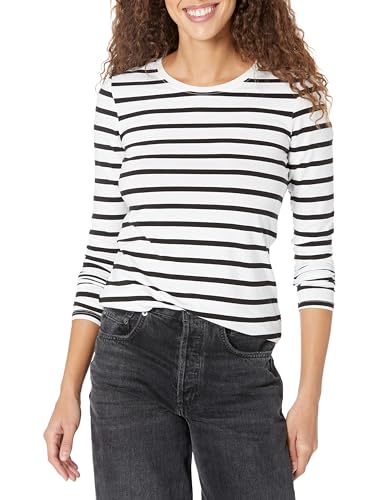 Amazon Essentials Damen Regular-Fit Langarm-T-Shirt Rundhalsausschnitt (In Übergröße Erhältlich), Schwarz/Weiß Streifen, XL von Amazon Essentials