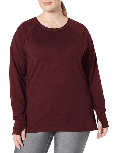 Amazon Essentials Damen Langärmeliges T-Shirt mit Rundhalsausschnitt aus Angerautem Tech-Stretch - Auslauffarben, Burgunderrot Space-dye, S von Amazon Essentials