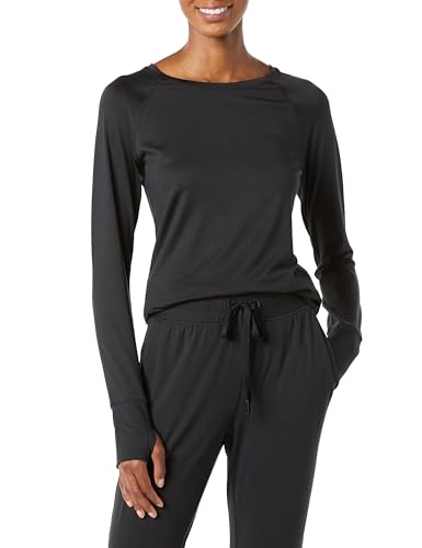 Amazon Essentials Damen Langärmeliges T-Shirt mit Rundhalsausschnitt aus Angerautem Tech-Stretch (Erhältlich in Übergröße), Schwarz, XXL von Amazon Essentials