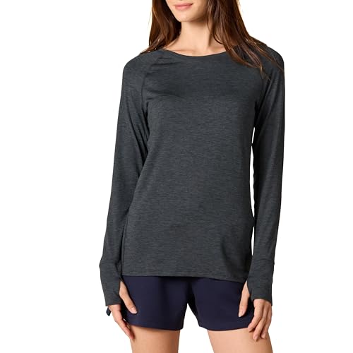 Amazon Essentials Damen Langärmeliges T-Shirt mit Rundhalsausschnitt aus Angerautem Tech-Stretch (Erhältlich in Übergröße), Schwarz/Space-dye, XS von Amazon Essentials