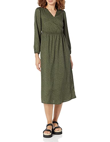 Amazon Essentials Damen Leichtes Georgette-Midikleid mit Langen Ärmeln und V-Ausschnitt (in Übergröße erhältlich), Dunkles Olivgrün Abstraktes Tier, XS von Amazon Essentials