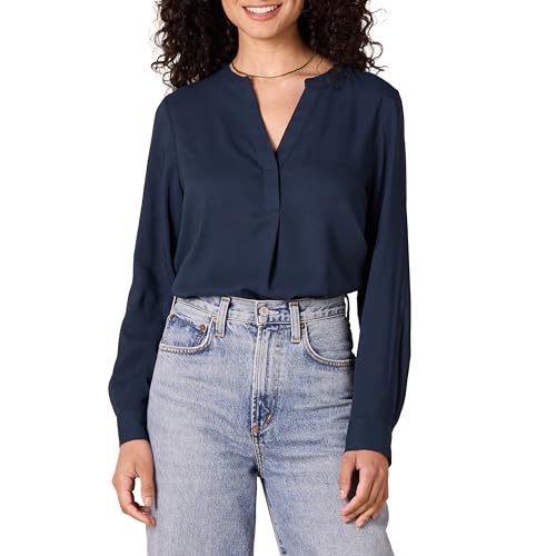 Amazon Essentials Damen Langärmlige Popover-Bluse aus Georgette mit lockerer Passform, Marineblau, M von Amazon Essentials