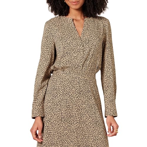 Amazon Essentials Damen Langärmlige Popover-Bluse aus Georgette mit lockerer Passform, Taupe Leopardenmuster, XXL von Amazon Essentials