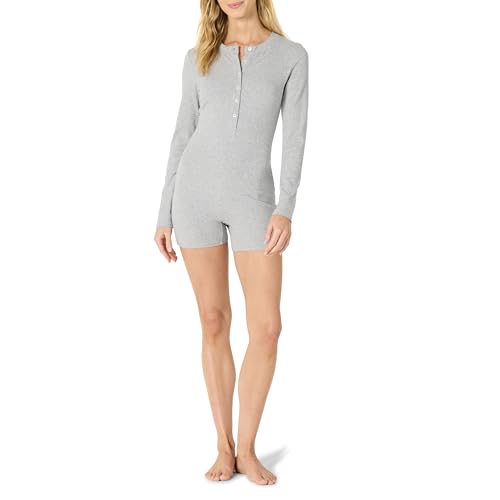 Amazon Essentials Damen Langärmliger Lounge-Strampler Aus Gerippter Baumwollmischung, Medium Grey Heather, L von Amazon Essentials