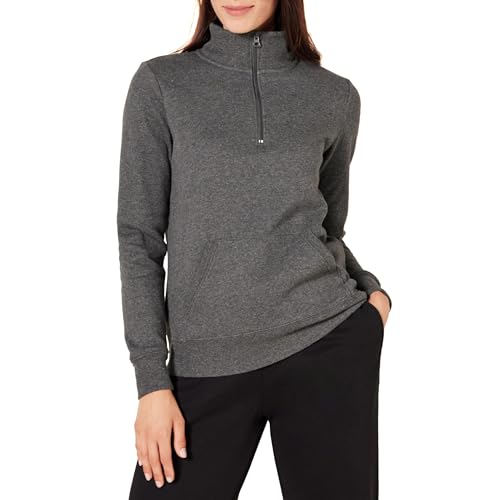Amazon Essentials Damen Langarm-Oberteil aus Fleece mit Viertelreißverschluss (in Übergröße erhältlich), Dunkelgrau Meliert, XL von Amazon Essentials