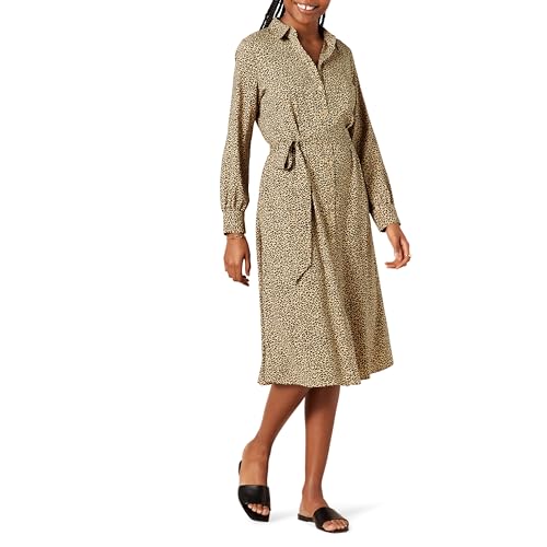 Amazon Essentials Damen Langärmliges Midi-Hemdkleid aus Georgette, Taupe Leopardenmuster, M von Amazon Essentials