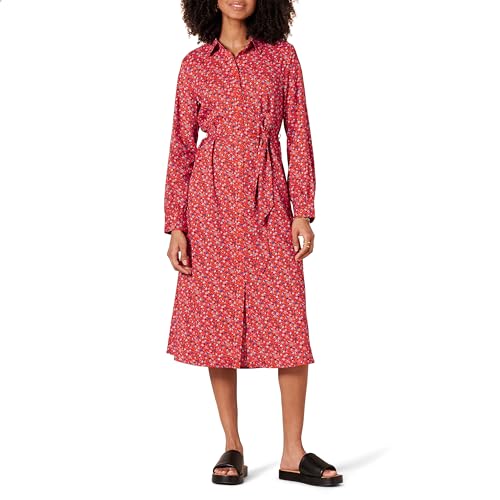 Amazon Essentials Damen Langärmliges Midi-Hemdkleid aus Georgette, Tomatenrot Streublumen, XL von Amazon Essentials