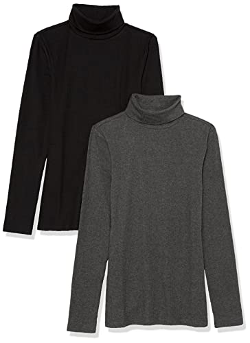 Amazon Essentials Damen Langärmliges Rippstrick-Lagen-Top mit Rollkragen in schmaler Passform (erhältlich in Übergrößen), 2er-Pack, Dunkelgrau Meliert/Schwarz, L von Amazon Essentials