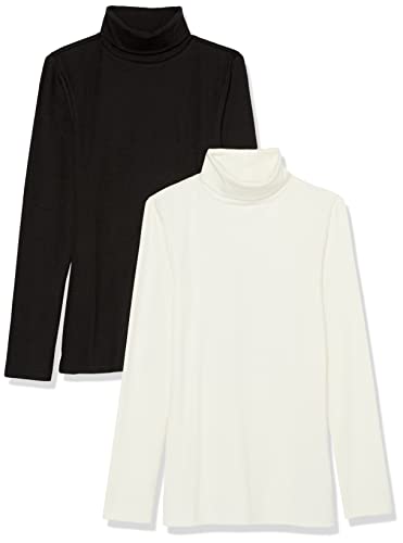 Amazon Essentials Damen Langärmliges Rippstrick-Lagen-Top mit Rollkragen in schmaler Passform (erhältlich in Übergrößen), 2er-Pack, Eierschalenweiß/Schwarz, XXL von Amazon Essentials