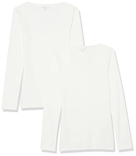 Amazon Essentials Damen Mehrlagige Slimt-Fit-Langarm-Strickhemden mit Rippstrick und V-Ausschnitt (In Übergröße Erhältlich), 2er-Pack, Weiß, L von Amazon Essentials