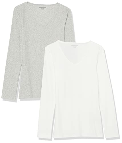 Amazon Essentials Damen Mehrlagige Slimt-Fit-Langarm-Strickhemden mit Rippstrick und V-Ausschnitt (In Übergröße Erhältlich), 2er-Pack, Weiß/Grau, L von Amazon Essentials