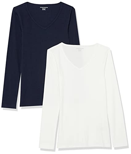 Amazon Essentials Damen Mehrlagige Slimt-Fit-Langarm-Strickhemden mit Rippstrick und V-Ausschnitt (In Übergröße Erhältlich), 2er-Pack, Weiß/Marineblau, 6XL Große Größen von Amazon Essentials