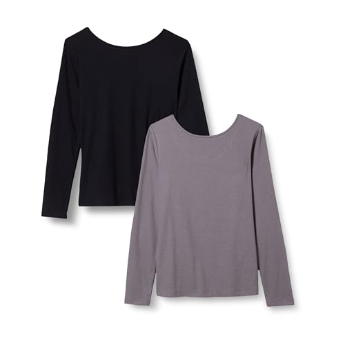 Amazon Essentials Damen Langärmliges Rippstrick-T-Shirt mit U-Ausschnitt hinten und schmaler Passform, 2er-Pack, Grau/Schwarz, L von Amazon Essentials