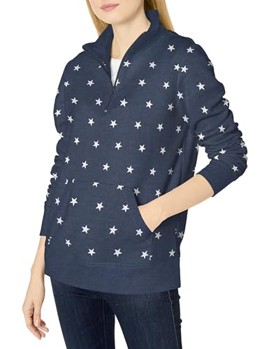 Amazon Essentials Damen Langarm-Oberteil aus Fleece mit Viertelreißverschluss (in Übergröße erhältlich), Marineblau Heidekraut Weiß Sterne, S von Amazon Essentials