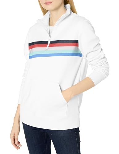 Amazon Essentials Damen Langarm-Oberteil aus Fleece mit Viertelreißverschluss (in Übergröße erhältlich), Rot Weiß Platzierter Streifen, XS von Amazon Essentials