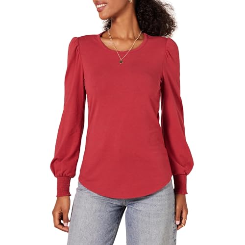 Amazon Essentials Damen Langarm-T-Shirt mit Rundhalsausschnitt und gesmokten Bündchen, Dunkelrot, L von Amazon Essentials