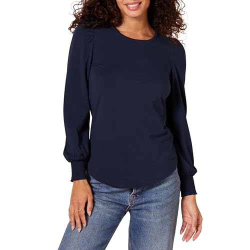 Amazon Essentials Damen Langarm-T-Shirt mit Rundhalsausschnitt und gesmokten Bündchen, Marineblau, XXL von Amazon Essentials