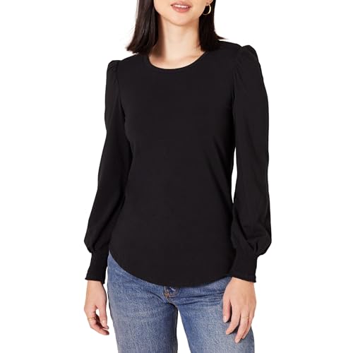 Amazon Essentials Damen Langarm-T-Shirt mit Rundhalsausschnitt und gesmokten Bündchen, Schwarz, M von Amazon Essentials