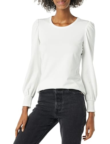 Amazon Essentials Damen Langarm-T-Shirt mit Rundhalsausschnitt und gesmokten Bündchen, Weiß, L von Amazon Essentials