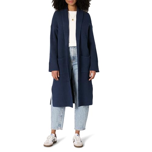 Amazon Essentials Damen-Strickjacke aus Baumwollmischgewebe, leichte Textur, Stiche, Staubwedellänge, Marineblau, XXS von Amazon Essentials