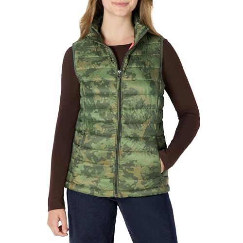 Amazon Essentials Damen Leichte, Wasserbeständige Pufferweste, Verstaubar, Grün Tarnmuster, XXL von Amazon Essentials