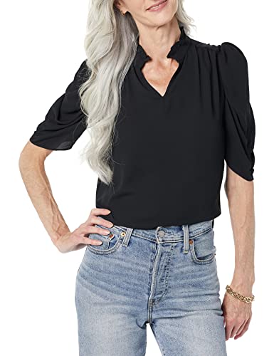 Amazon Essentials Damen Leichte, gewebte Georgette-Bluse mit halben Ärmeln und Rüschenausschnitt, Schwarz, XS von Amazon Essentials
