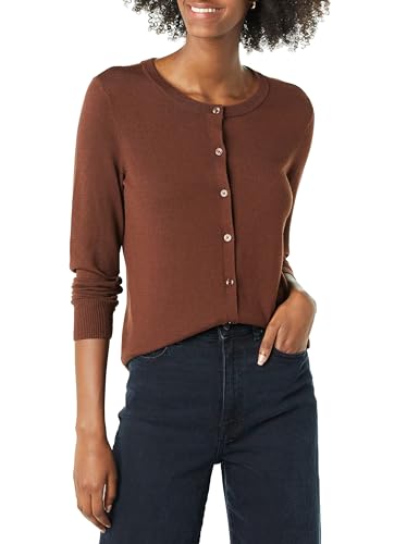 Amazon Essentials Damen Leichte Rundhalsstrickjacke (Erhältlich In Übergröße), Braun, XXL von Amazon Essentials