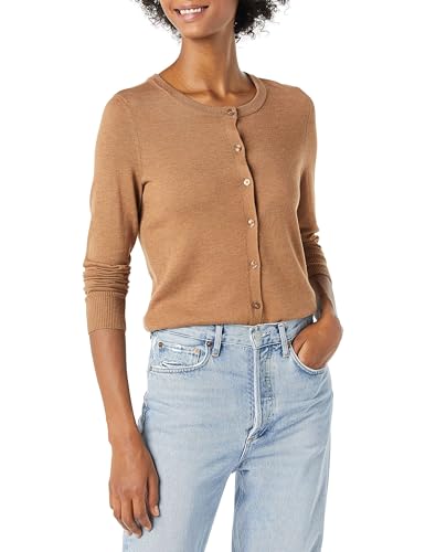 Amazon Essentials Damen Leichte Rundhalsstrickjacke (Erhältlich In Übergröße), Kamelbraun Meliert, XS von Amazon Essentials