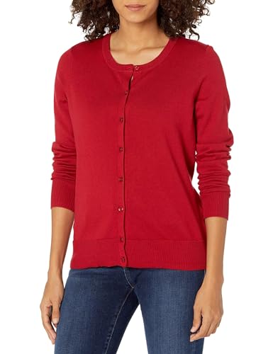 Amazon Essentials Damen Leichte Rundhalsstrickjacke (Erhältlich In Übergröße), Rot, XXL von Amazon Essentials