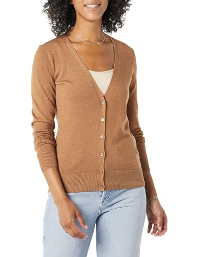 Amazon Essentials Damen Leichter Cardigan mit V-Ausschnitt (in Übergröße erhältlich), Kamelbraun Meliert, L von Amazon Essentials