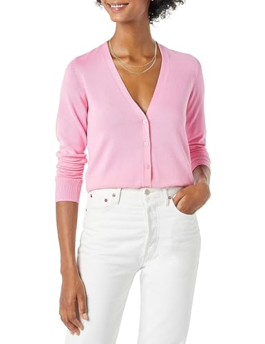 Amazon Essentials Damen Leichter Cardigan mit V-Ausschnitt (in Übergröße erhältlich), Rosa, L von Amazon Essentials