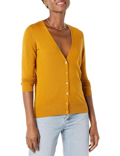 Amazon Essentials Damen Leichter Cardigan mit V-Ausschnitt (in Übergröße erhältlich), Senfgelb, L von Amazon Essentials