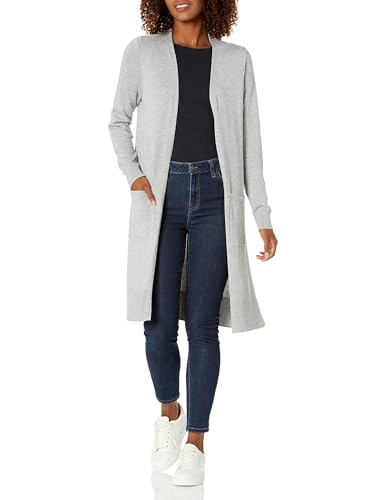 Amazon Essentials Damen Leichter, Länger Geschnittener, Langärmliger Cardigan-Pullover Mit Offener Vorderseite (In Übergröße Erhältlich), Hellgrau Meliert, L von Amazon Essentials
