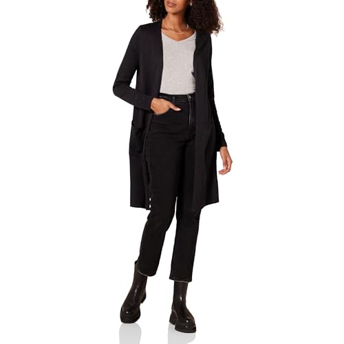 Amazon Essentials Damen Leichter, Länger Geschnittener, Langärmliger Cardigan-Pullover Mit Offener Vorderseite (In Übergröße Erhältlich), Schwarz, XS von Amazon Essentials