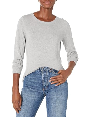 Amazon Essentials Damen Leichter, Langärmeliger Pullover Mit Rundhalsausschnitt (Erhältlich in Übergröße), Hellgrau Meliert, M von Amazon Essentials