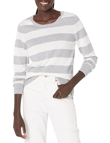 Amazon Essentials Damen Leichter, Langärmeliger Pullover Mit Rundhalsausschnitt (Erhältlich in Übergröße), Hellgrau Meliert Streifen, XXL von Amazon Essentials