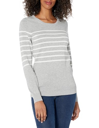 Amazon Essentials Damen Leichter, Langärmeliger Pullover Mit Rundhalsausschnitt (Erhältlich in Übergröße), Hellgrau Meliert Weiß Platzierter Streifen, XXL von Amazon Essentials