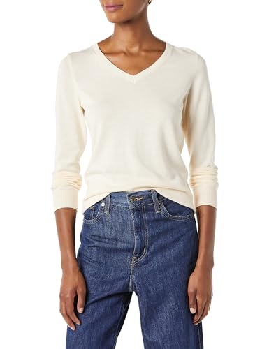Amazon Essentials Damen Regular-Fit Leichter Langarm-Pullover V-Ausschnitt (In Übergröße Erhältlich), Blasser Pfirsich, S von Amazon Essentials