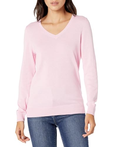 Amazon Essentials Damen Regular-Fit Leichter Langarm-Pullover V-Ausschnitt (In Übergröße Erhältlich), Blassrosa, XS von Amazon Essentials