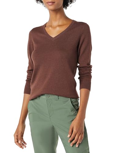 Amazon Essentials Damen Regular-Fit Leichter Langarm-Pullover V-Ausschnitt (In Übergröße Erhältlich), Dunkles Kastanienbraun Meliert, L von Amazon Essentials