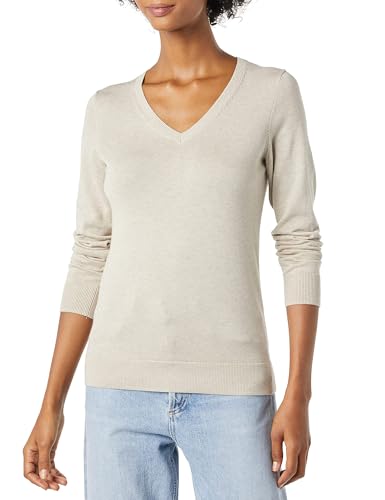 Amazon Essentials Damen Regular-Fit Leichter Langarm-Pullover V-Ausschnitt (In Übergröße Erhältlich), Haferbeige Meliert, S von Amazon Essentials