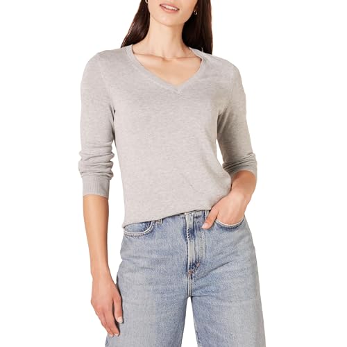 Amazon Essentials Damen Regular-Fit Leichter Langarm-Pullover V-Ausschnitt (In Übergröße Erhältlich), Hellgrau Meliert, XS von Amazon Essentials