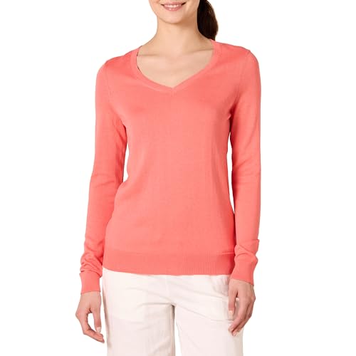 Amazon Essentials Damen Regular-Fit Leichter Langarm-Pullover V-Ausschnitt (In Übergröße Erhältlich), Korallenrosa, XS von Amazon Essentials