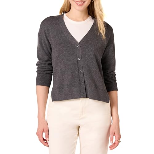 Amazon Essentials Damen Leichter, kurz Geschnittener Cardigan-Pullover mit V-Ausschnitt und lockerer Passform, Dunkelgrau Meliert, XXL von Amazon Essentials